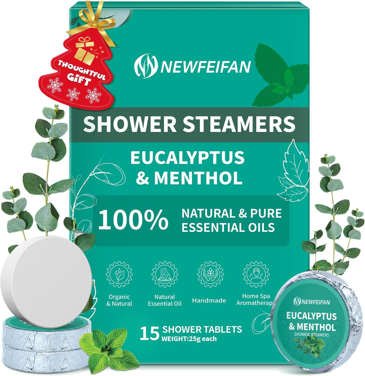 NEWFEIFAN Shower Steamers Aromatherapy for Women & Men, 15 Pack Eucalyptus & Menthol