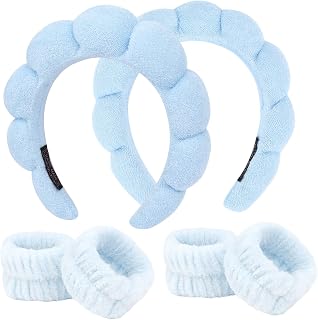 6Pcs Blue Spa Set, Skincare Wrist Washbands, Terry Cloth Headbands for Face Washing