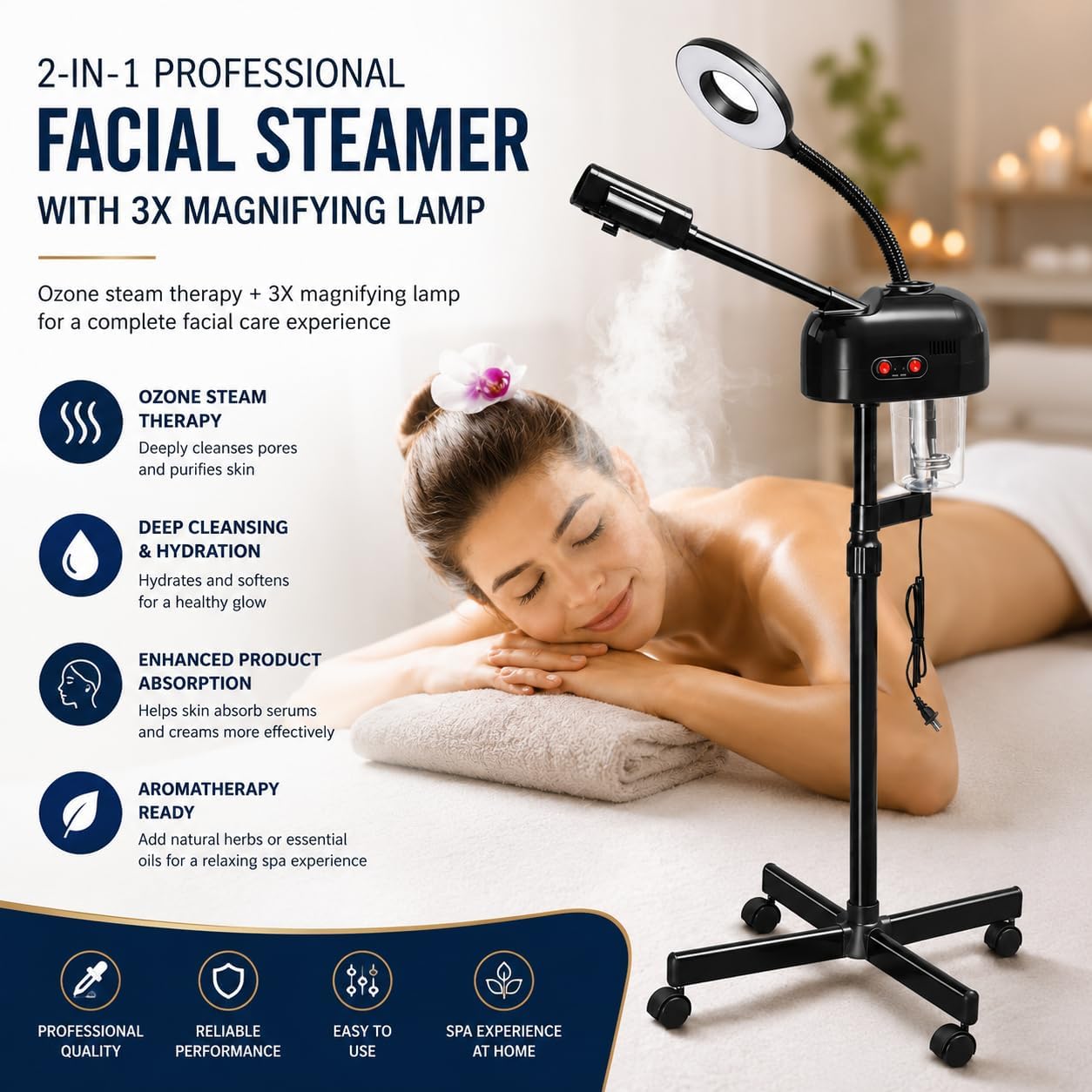 2-in-1 Professional Facial Steamer with 3X Magnifying Lamp, Ozone Face Steamer with Adjustable Height, Rolling Stand, 750W, Black