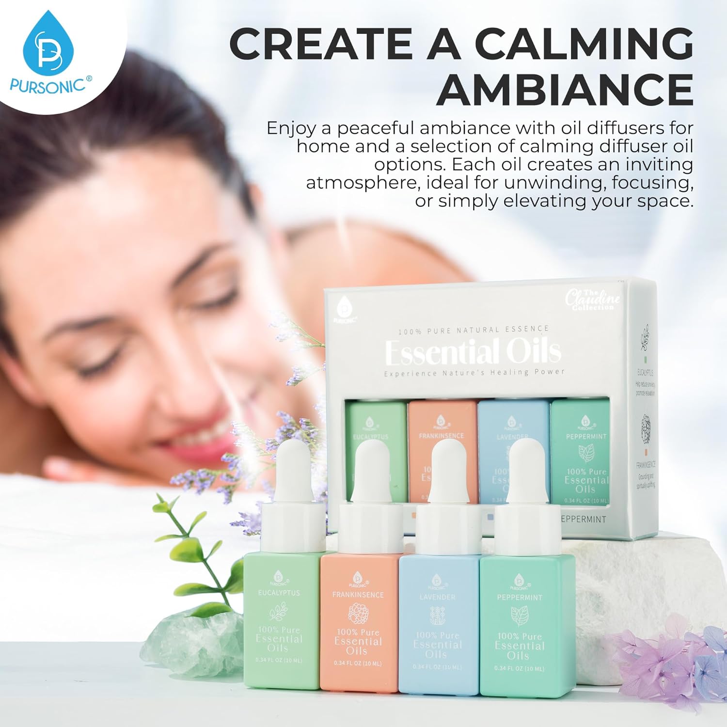 Natural Healing Power Essential Oils 100% Pure with Eucalyptus, Frankincense, Lavender, and Peppermint by Pursonic