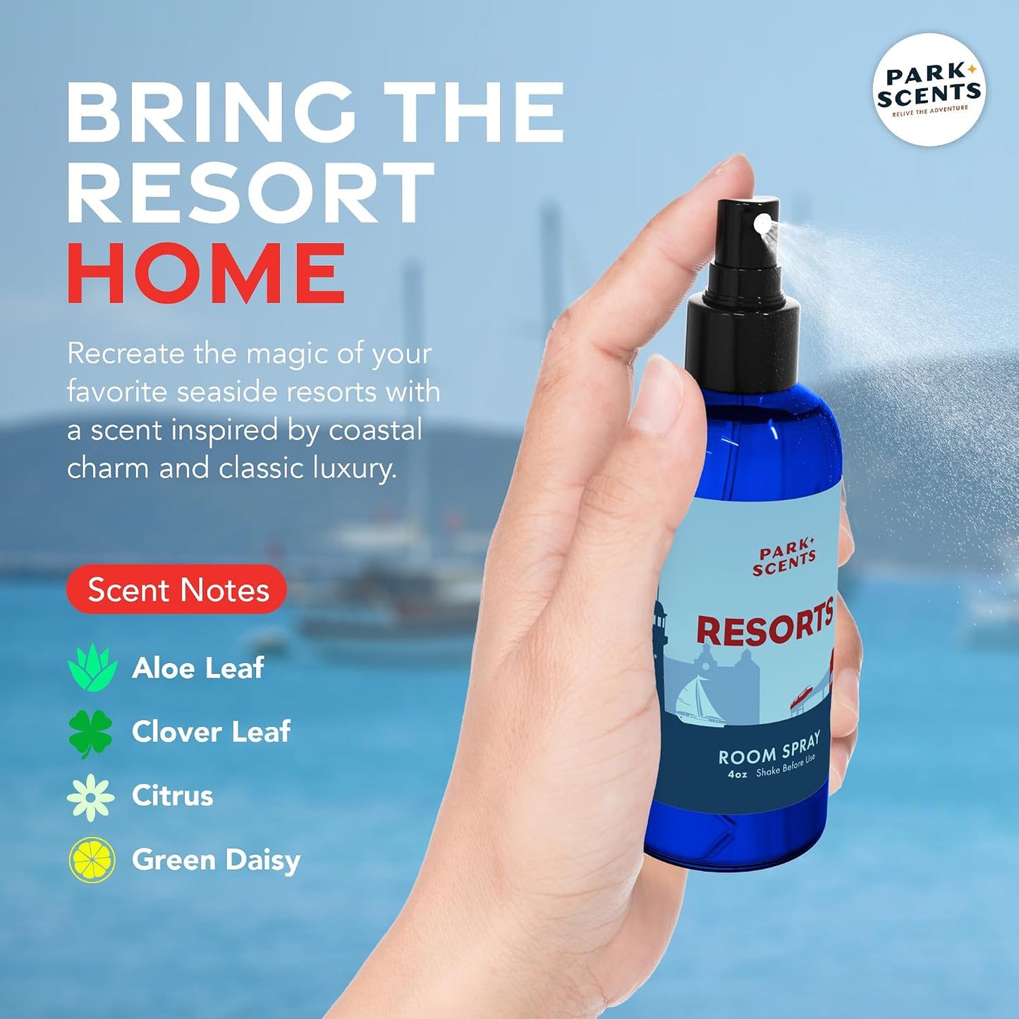 Park Scents Resorts – Floridian Theme Park Inspired Luxury Hotel Fragrance Room Spray – Clover, Aloe, Citrus & Daisy Air Freshener Spray – Birthday Gifts for Women, Sister, Hostess, Best Friend (4oz)