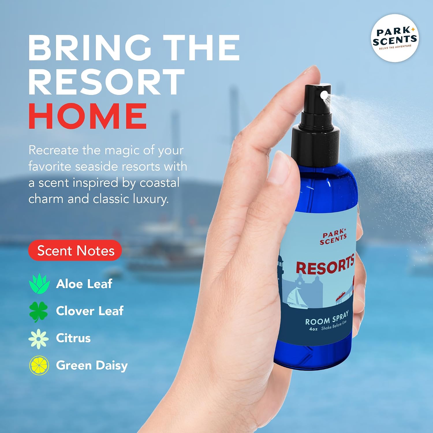 Park Scents Resorts – Floridian Theme Park Inspired Luxury Hotel Fragrance Room Spray – Clover, Aloe, Citrus & Daisy Air Freshener Spray – Birthday Gifts for Women, Sister, Hostess, Best Friend (4oz)