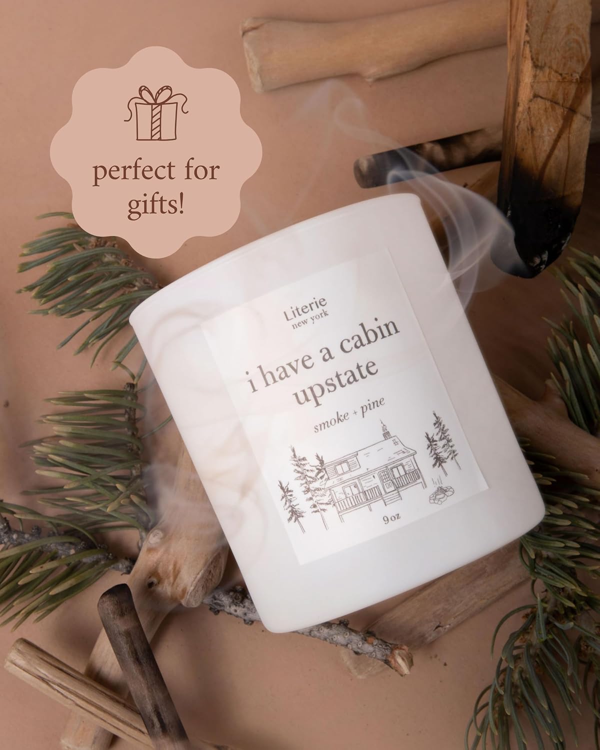 Literie NYC Inspired Scented Candle: I Have a Cabin in Upstate - Smoke & Pine Scent, 9oz, 50 Hour Burn, Vegan Soy & Coconut Blend Candle for Home Decor, Gift for Women & Men