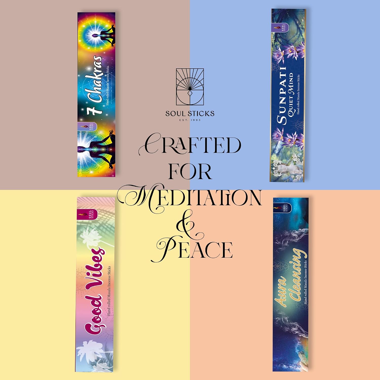 SOUL STICKS Handcrafted Incense Sticks Variety 4 Pack | 100% Natural Masala Incense Organic Home Fragrance Agarbatti | 15 Grams 10 Incense Sticks Per Pack (Divine Energy)