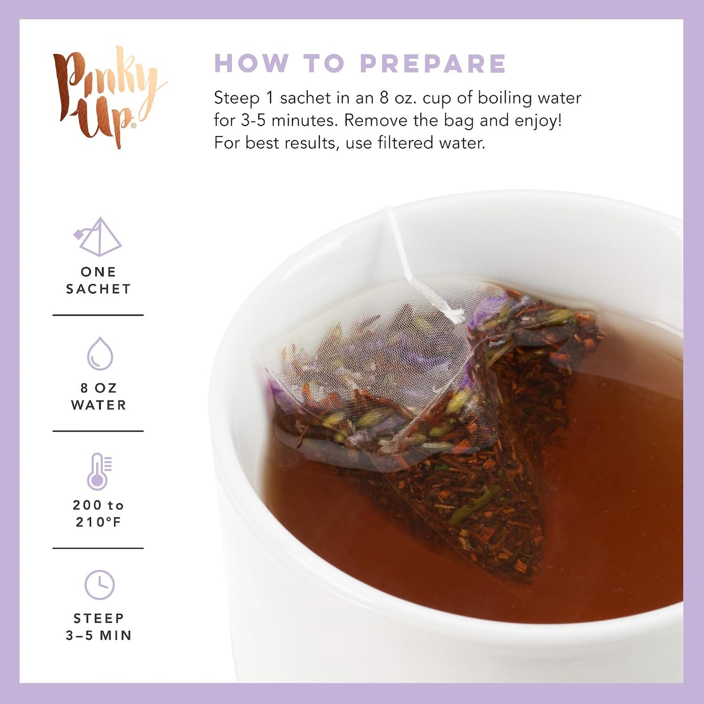 Pinky Up Honey Lavender Rooibos Tea, Full Leaf Herbal Tea with Flowers, Naturally Caffeine-Free, Compostable Pyramid Sachets, Floral and Sweet, 1.6 oz, 15 Sachets