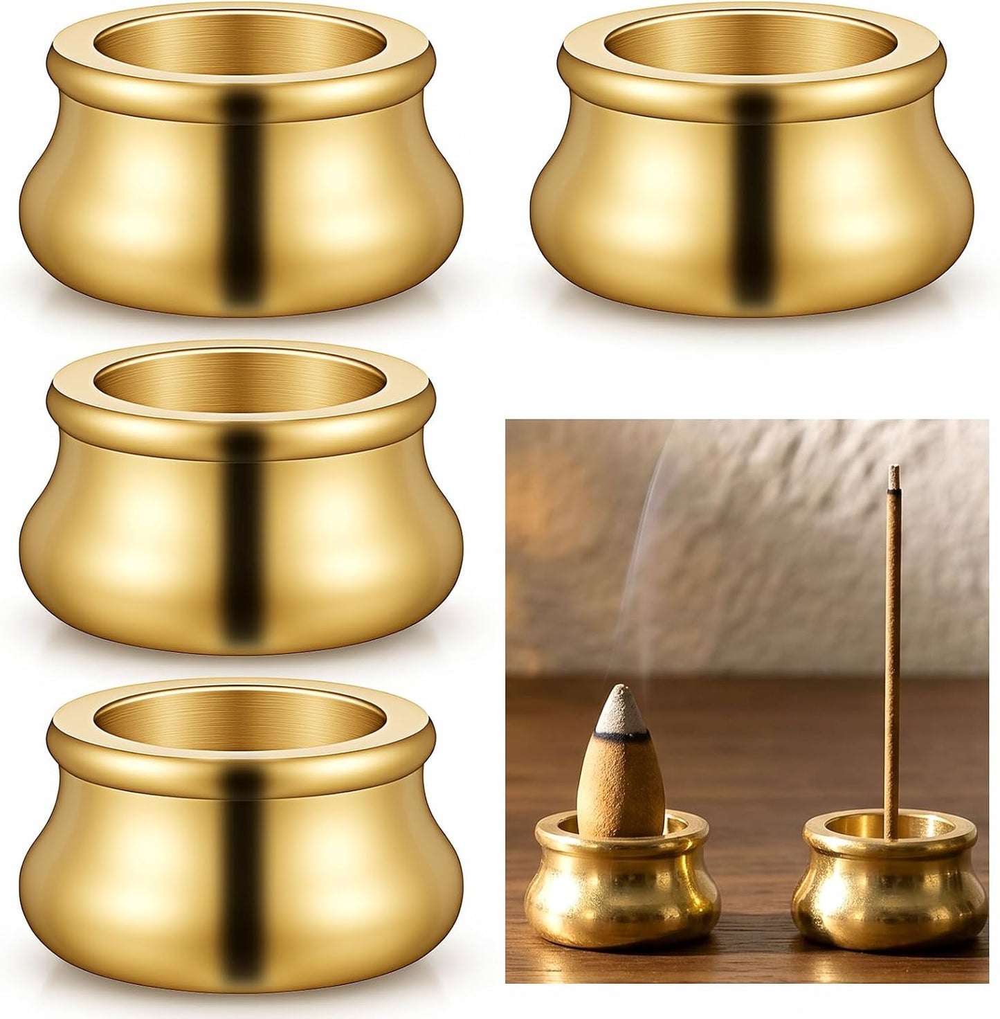 4Pcs Mini Copper Incense Cone Holder, Gold Burner with Stick Plate | 4Pcs mini copper incense cone holder set,gold,dual-purpose.Stable,non-tip,solid base.For cones,sticks,tower,coils,joss
