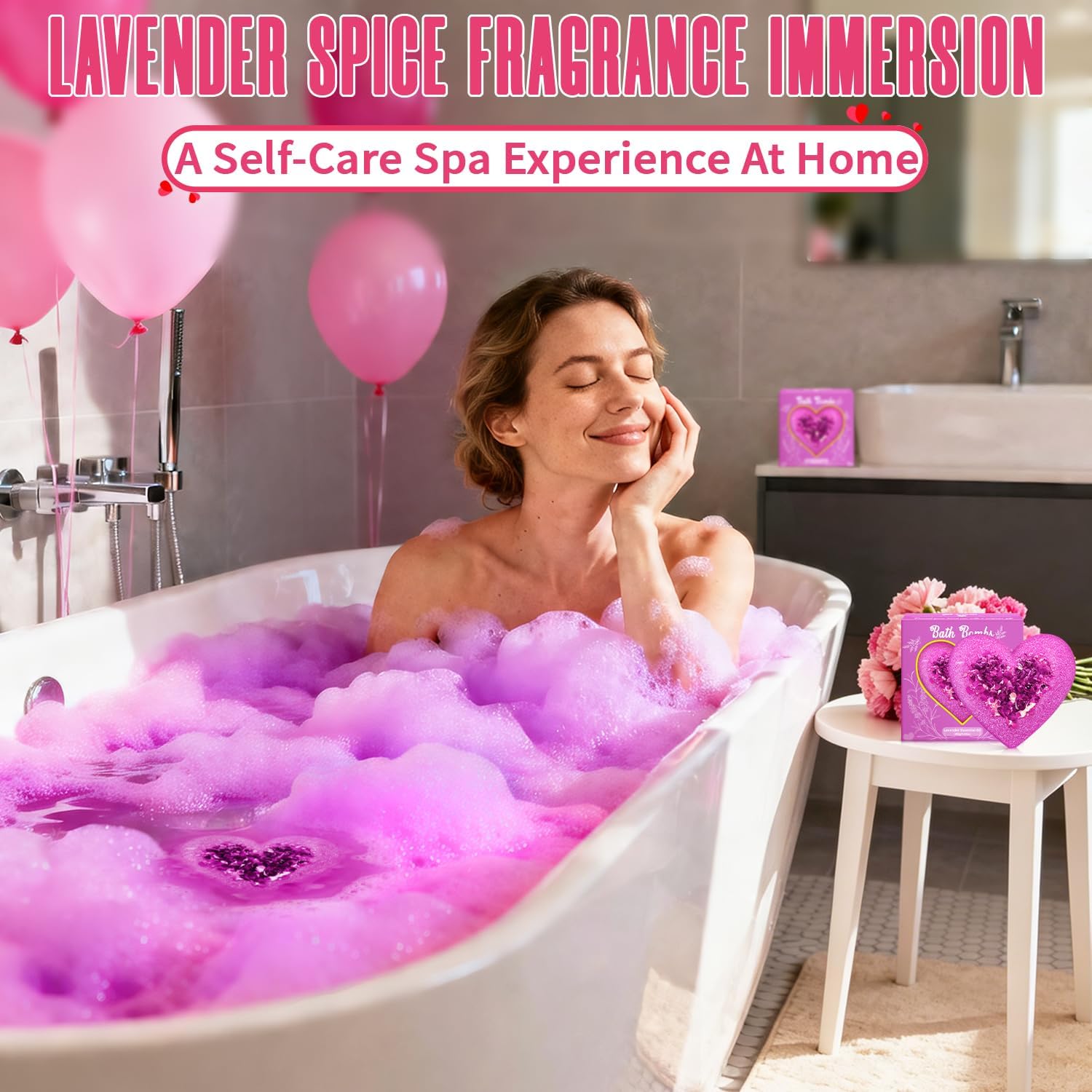 Lavender Bath Bombs for Women, XXL Organic Heart-Shaped Handmade Bath Bomb Fizzies with Lavender Essential Oil, Teacher Appreciation Gifts for Wife, SPA Relaxing Self Care