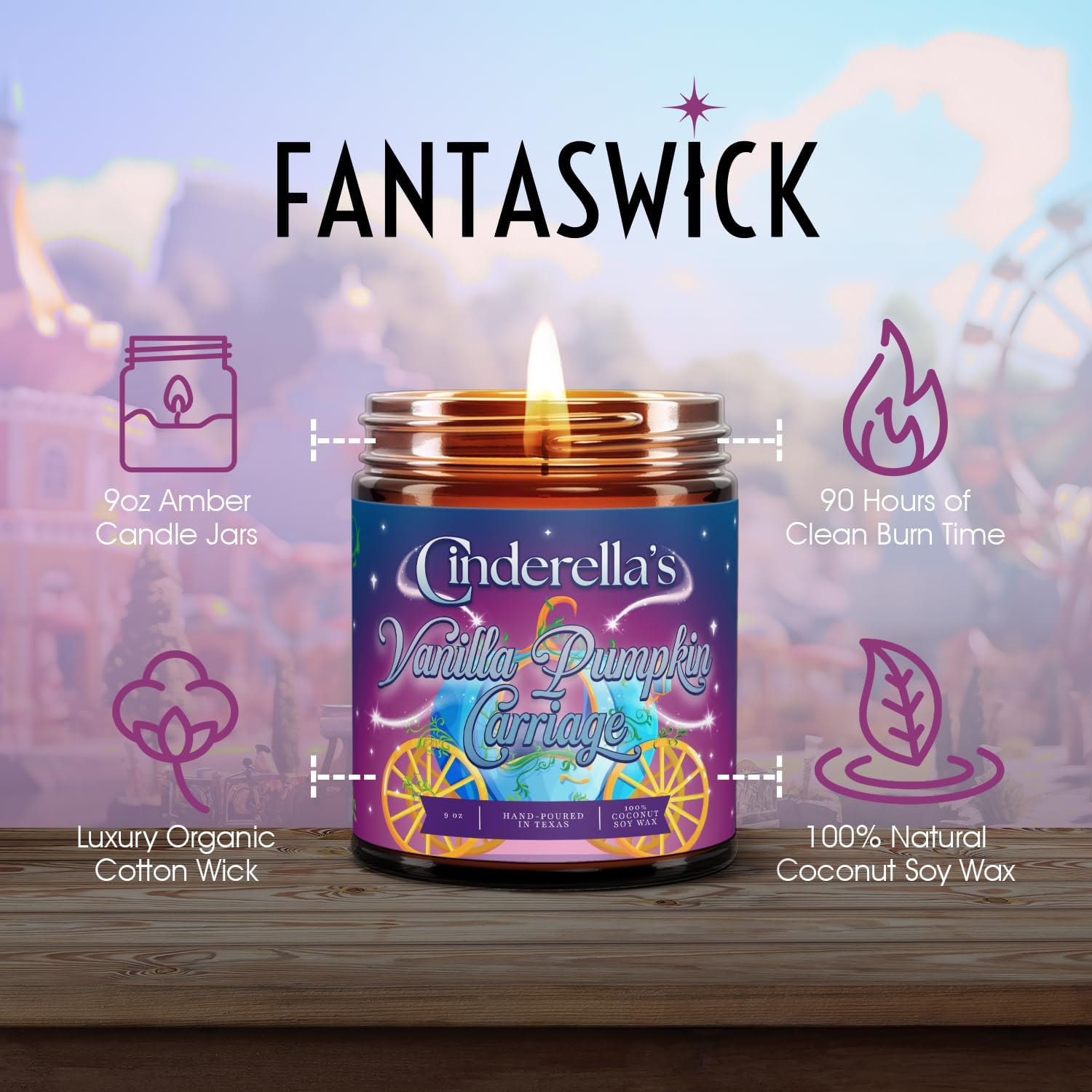 Fantaswick's Cinderella's Vanilla Pumpkin Carriage Scented Candle | 100% Natural Coconut Soy Wax & Cotton Wick in Amber Candle Jar | Hand-Poured in Texas | 9oz