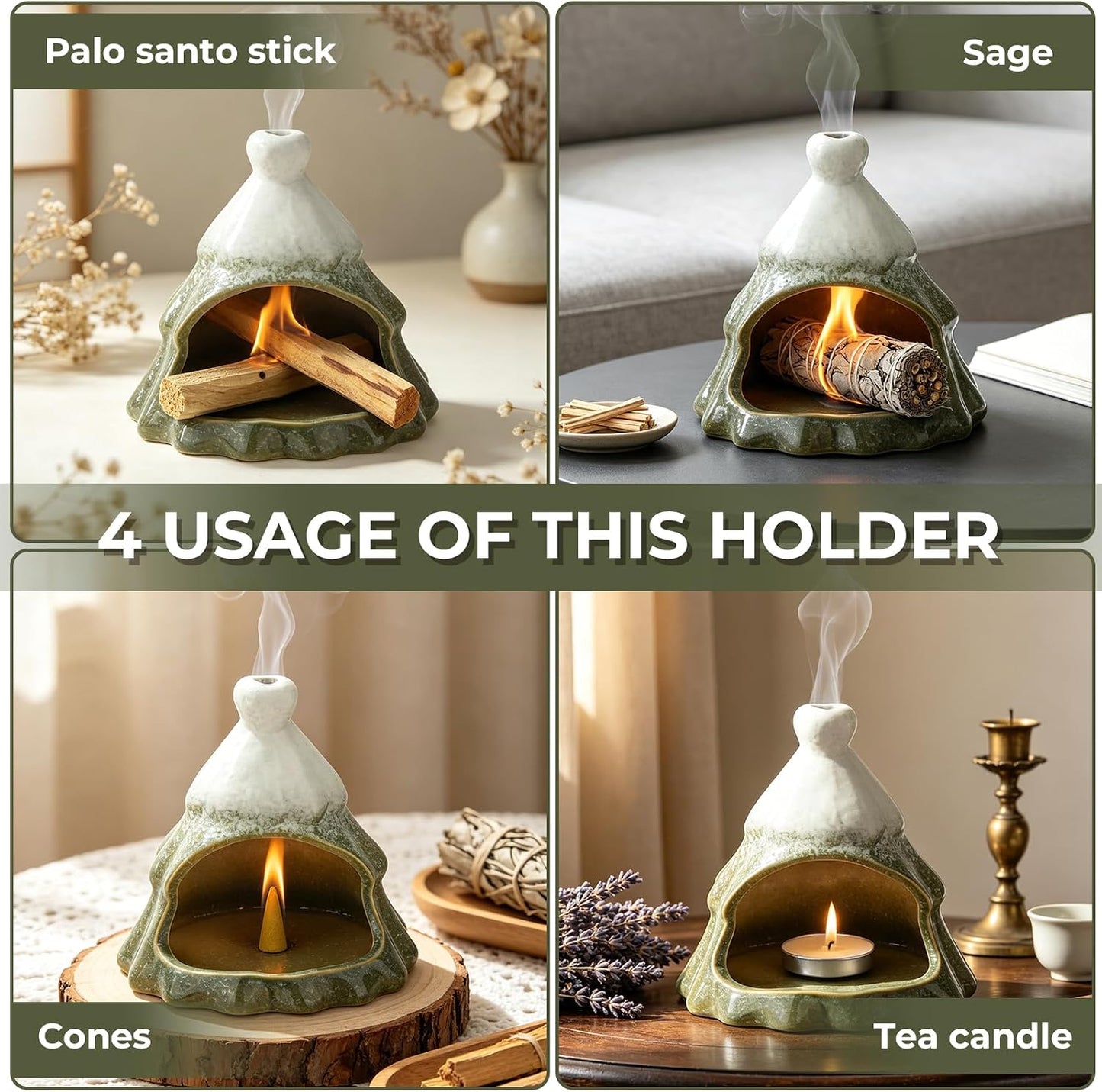 Palo Santo Chimney Palo Santo Holder Ceramic Christmas Tree Incense Holder for Sticks Sage Cones Incense Burner Cute Ceramic Mini Chimney for Meditation Yoga Room Home Decor (Christmas Tree-A)
