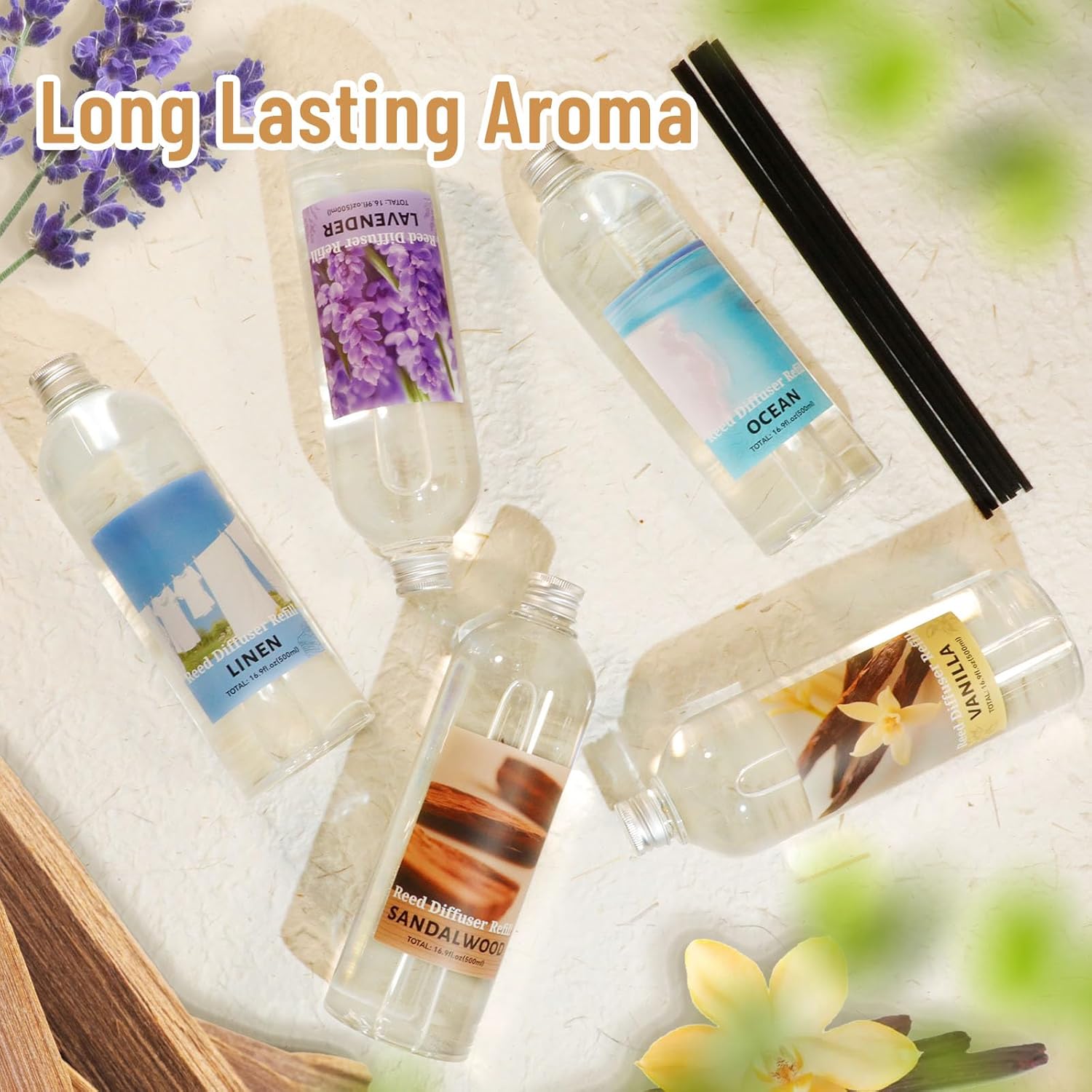 STRN Linen Reed Diffuser Refill 500ml with 6 Natural Reed Sticks, Smooth Aromatherapy for Home, Cozy Comfort Fragrance for Bedroom, Closet, Bathroom