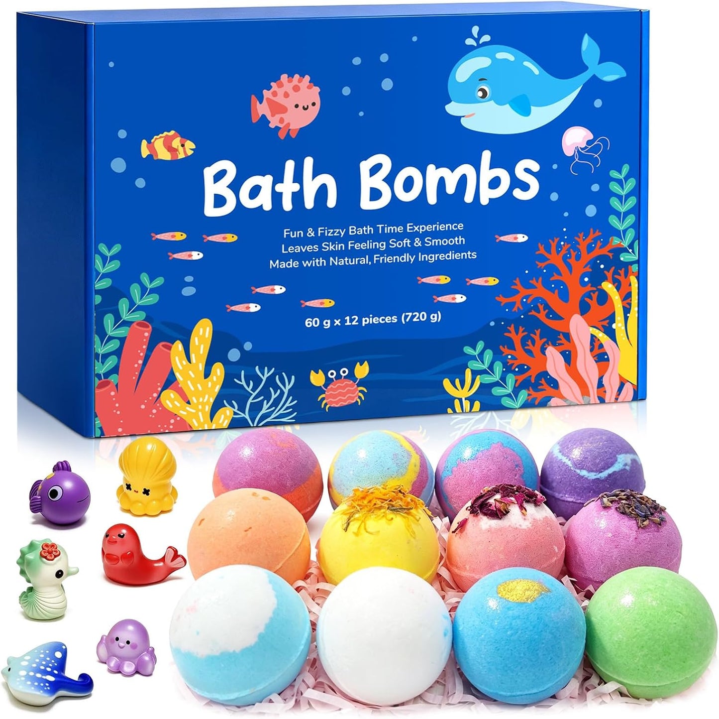 Ocean Theme Bath Bomb Set with Hidden Sea Creature Charms, 12 Colorful Fizzy Bath Bombs for Relaxing Bath Time, Self Care Gifts and Everyday Soaking Experience