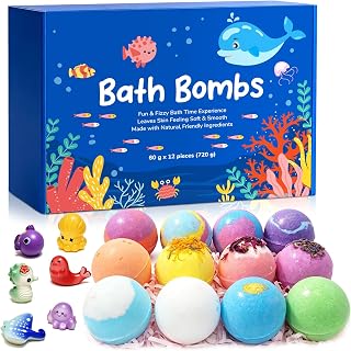 Ocean Theme Bath Bomb Set with Hidden Sea Creature Charms, 12 Colorful Fizzy Bath Bombs for Relaxing Bath Time, Self Care Gifts and Everyday Soaking Experience