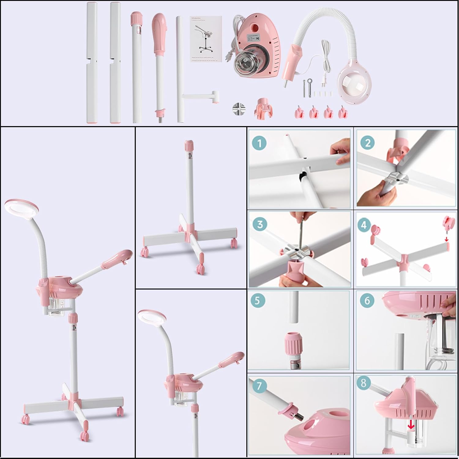 Professional Facial Steamer, 2In1 Face Steamer on Wheels for Facial Deep Cleaning, SPA Facial Steamer for Esthetician with 5X Magnifying Lamp, Stand Face Steamer with Time Setting, Pink