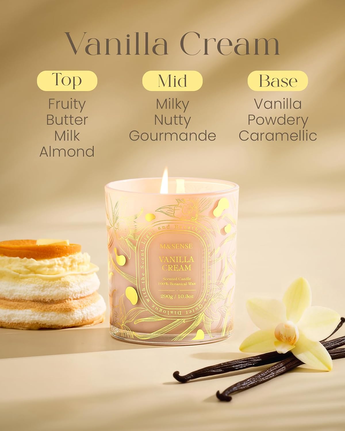 M&SENSE Vanilla Cream Scented Candle 10.3oz Golden Stamped | Non-Toxic Soy Wax, 55 Hours Burn Time, Clean Burn, Cozy Warm Relax Home Fragrance Housewarming Gift