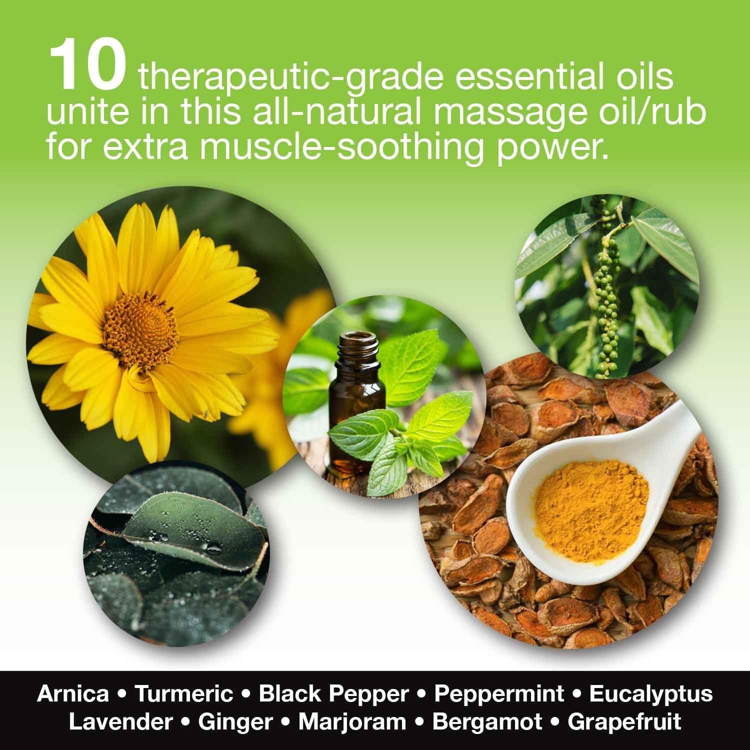 Skinsations - Hemp Massage Oil & Sore Muscle Rub – 100% Organic Relief with Arnica, Turmeric & 10 Essential Oils, Peppermint & Lavender in Sweet Almond & Hemp Seed Oil