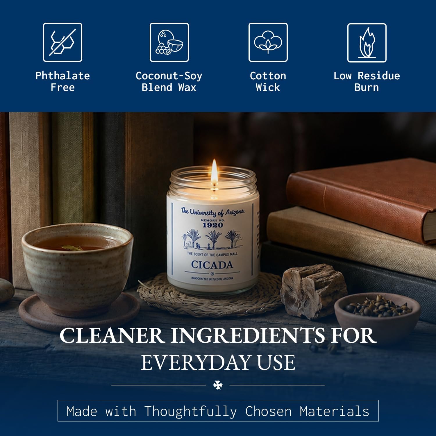 CICADA Campus Mall Scented Candle, Memory No. 1920, University of Arizona Inspired Coconut-Soy Blend Wax, Fresh Cut Grass Green Stems Desert Air Aroma, Hand Poured Arizona Reveries Home Fragrance