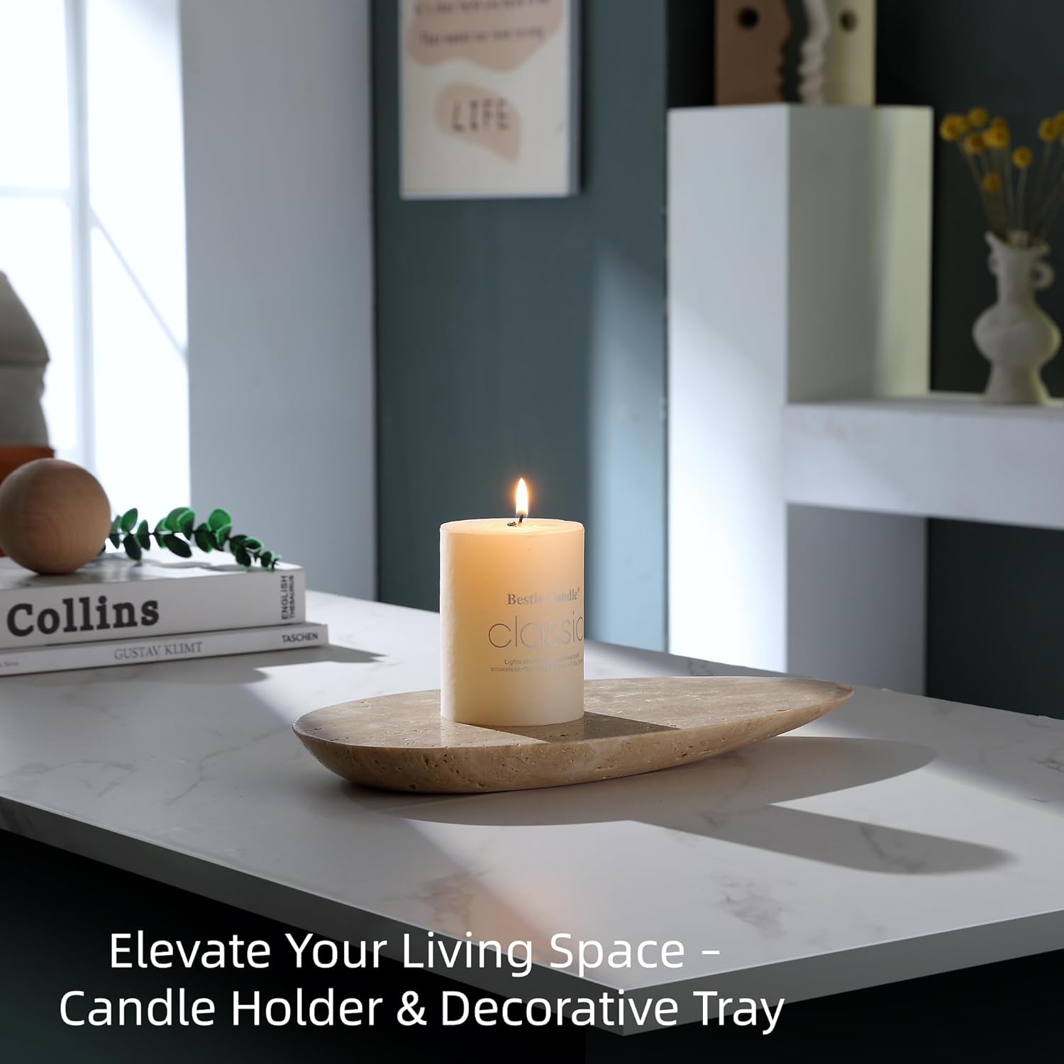 Natural Travertine Tray, Modern Decorative Stone Tray for Coffee Table, Jewelry Display Organizer for Rings Necklace, Candle Holder Catchall for Living Room Bathroom Vanity Decor (S)