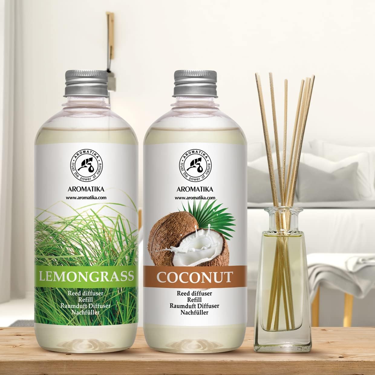 Lemongrass Reed Diffuser Refill & Reed Diffuser Refill Coconut - 2 x 17 Fl Oz - Fresh & Long Lasting Fragrance - Reed Diffuser Oil Refill for Aromatherapy - Home - Office - Restaurant