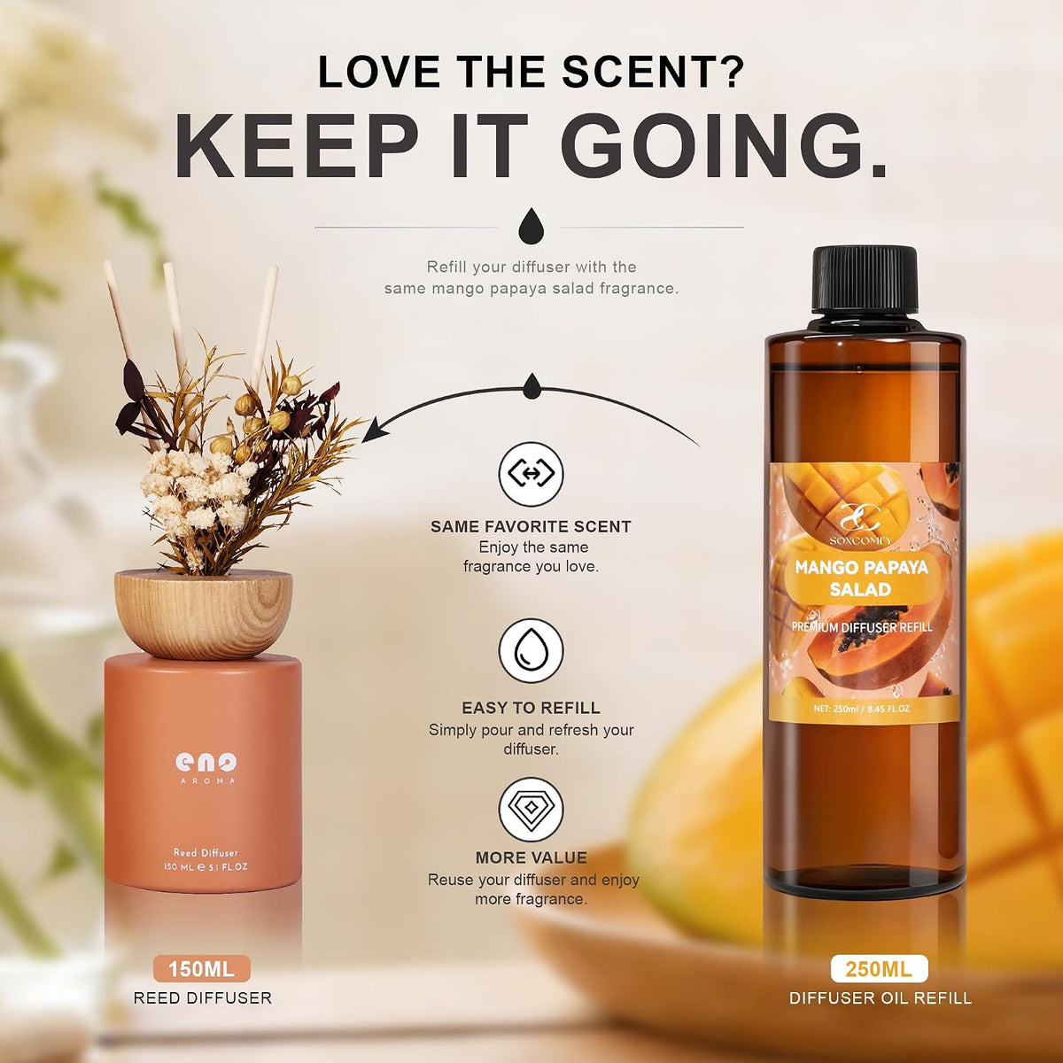 Reed Diffuser Set with Dried Flowers, 5.1 fl oz / 150ml, Mango Papaya Salad - Home Fragrance Diffuser with Sticks for Bathroom Shelf Decor, Bedroom, Office &amp; Gift