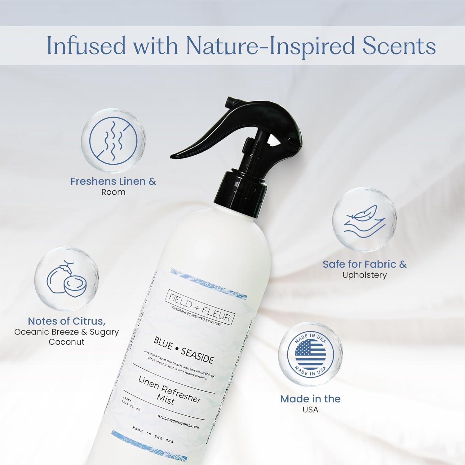 Field + Fleur - Linen Refresher Mist - Aromatic Spray for Fabrics - Refresh Bedding, Curtains & More - Notes of Citrus, Oceanic Breeze & Sugary Coconut -Made in the USA -Blue Seaside Scent -15.5 Fl Oz