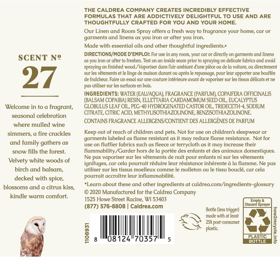 Caldrea Linen And Room Spray Air Freshener, Made With Essential Oils, Plant-Derived And Other Thoughtfully Chosen Ingredients, Gilded Balsam Birch, 16 Oz