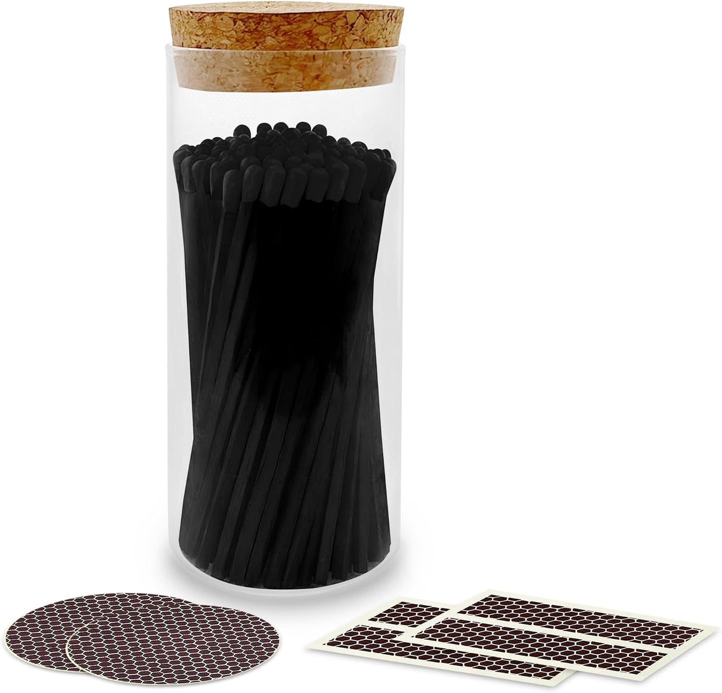 Decorative Matches in a Glass Jar | 4" All Black Long Matches (100 Match Sticks) + Cork Top Glass Holder + Striker Stickers | Gifts, Décor, & Candle Accessories | by Thankful Greetings, USA