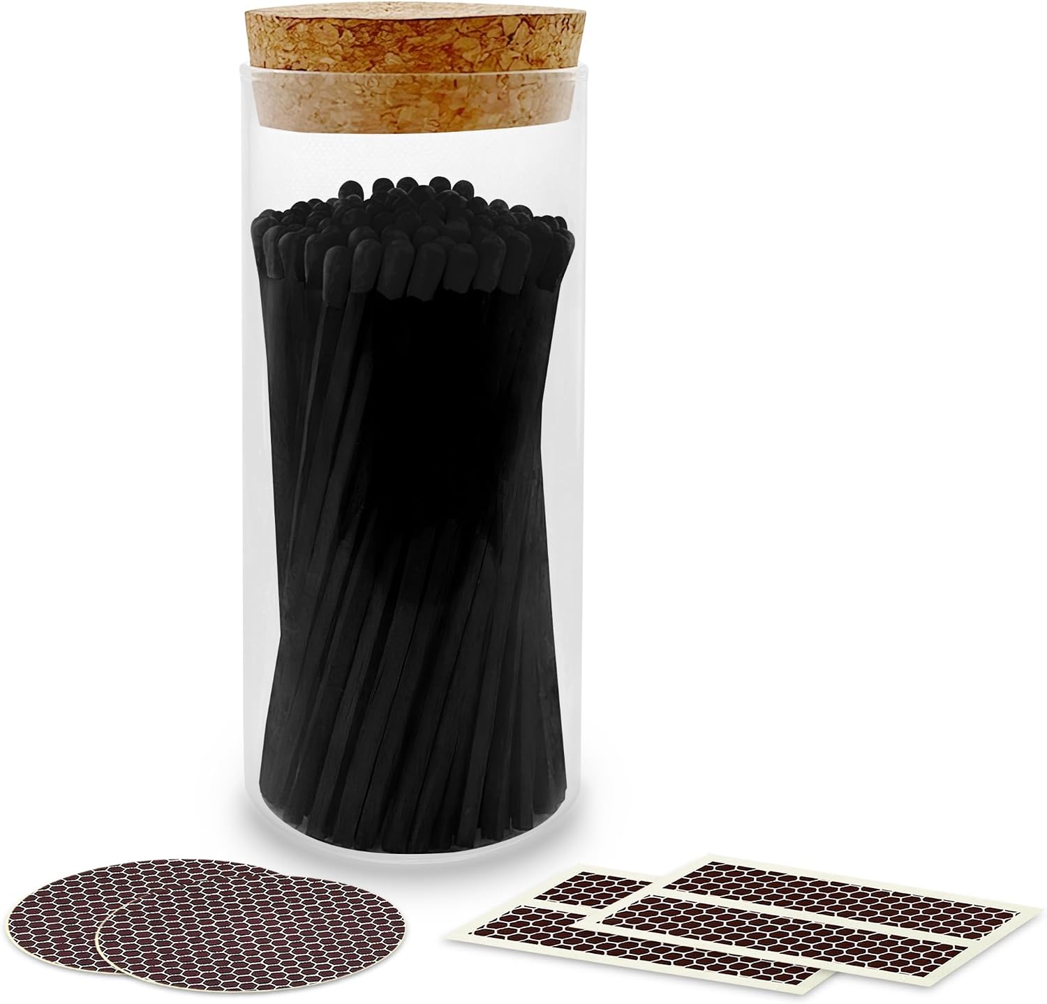Decorative Matches in a Glass Jar | 4" All Black Long Matches (100 Match Sticks) + Cork Top Glass Holder + Striker Stickers | Gifts, Décor, & Candle Accessories | by Thankful Greetings, USA