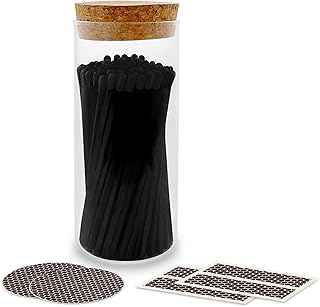 Decorative Matches in a Glass Jar | 4" All Black Long Matches (100 Match Sticks) + Cork Top Glass Holder + Striker Stickers | Gifts, Décor, & Candle Accessories | by Thankful Greetings, USA