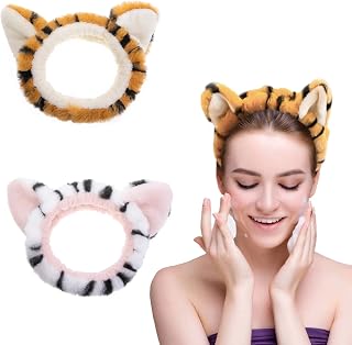 2 PCS Women Animal Ear Tiger Print Fuzzy Hairband Makeup Headband Elastic Stretch Head Wrap for Skincare Spa