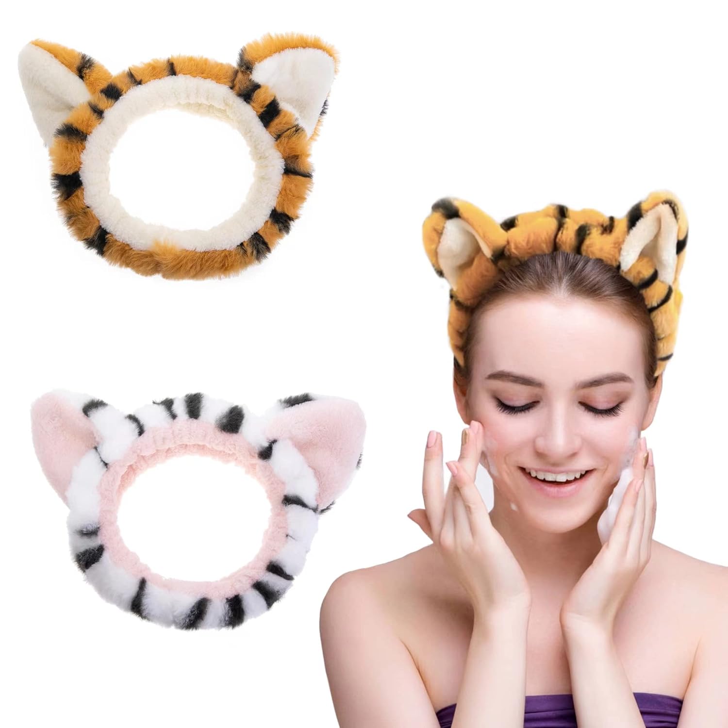 2 PCS Women Animal Ear Tiger Print Fuzzy Hairband Makeup Headband Elastic Stretch Head Wrap for Skincare Spa