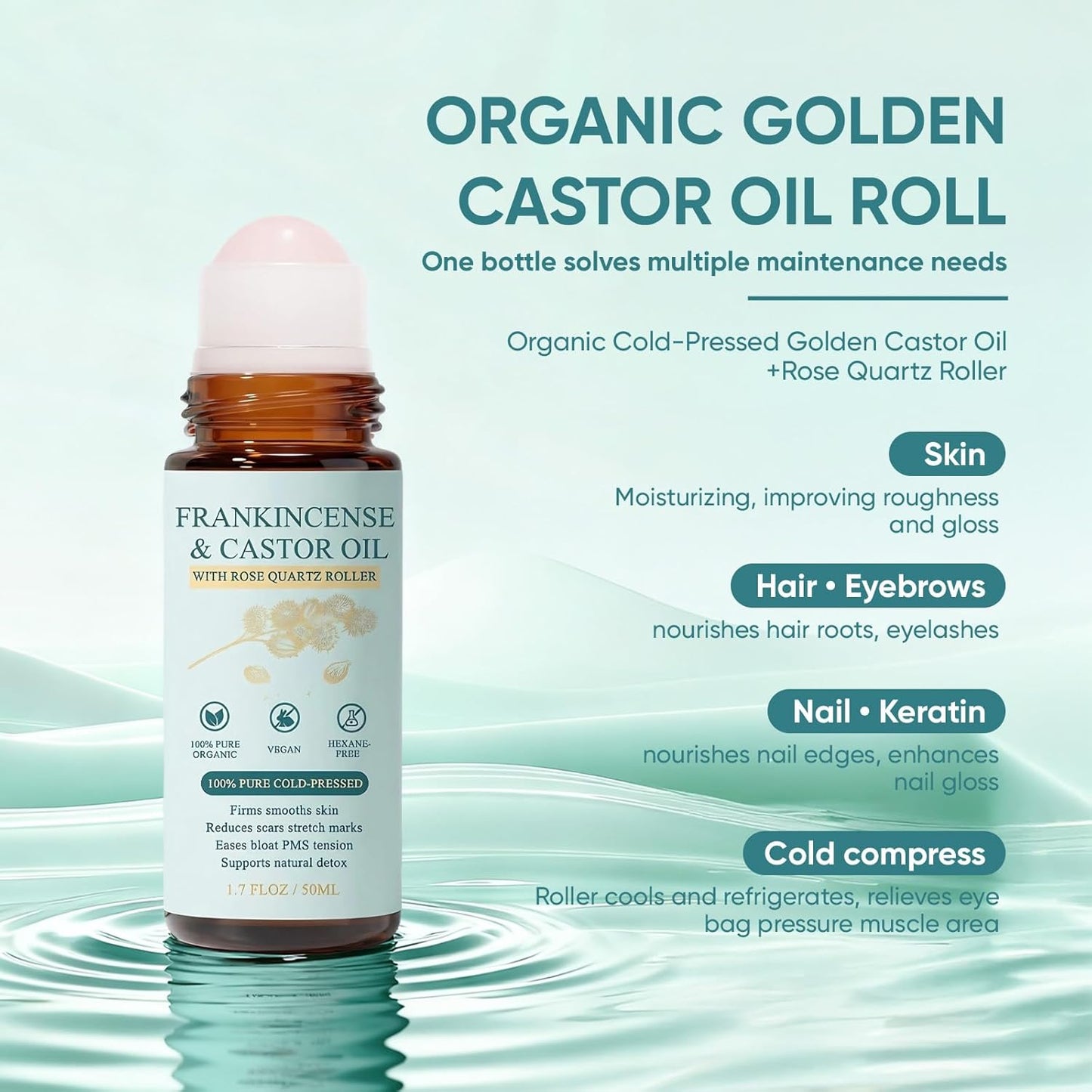 Frankincense and Castor Oil Rose Quartz Roller – Organic Cold-Pressed Castor Oil Roll-On with Removable Rose Quartz | Firms Smooths Skin, Brightens Eyes, Reduces Scars Stretch Marks 1.7FLOZ