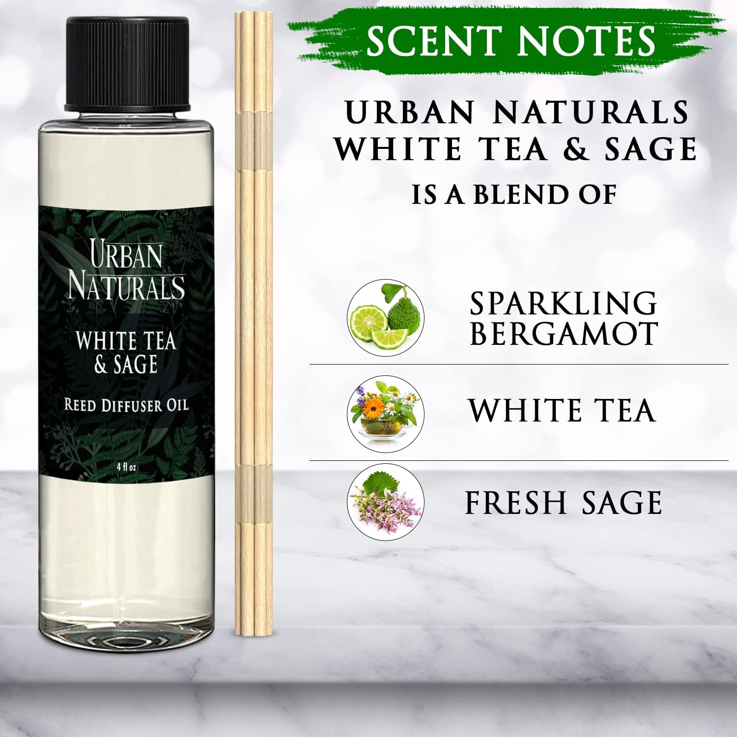 Urban Naturals Reed Diffuser Oil Refill White Tea & Sage, Sparkling Bergamot, Fresh Sage, 4 oz + Free Reed Sticks, Made in the USA