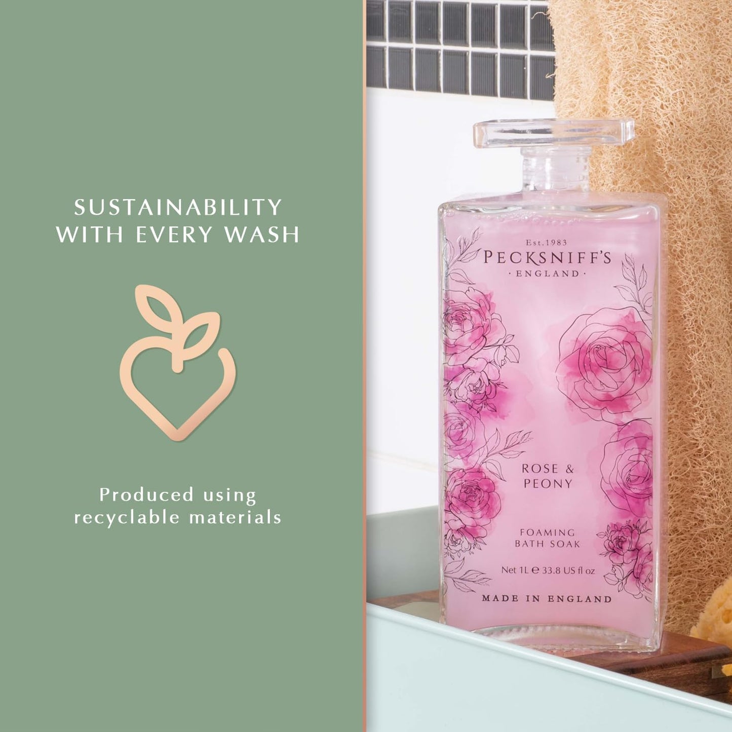 Pecksniff’s Rose & Peony Foaming Bath Soak – Luxury Bubble Bath, 1L / 33.8 fl oz, Made in England