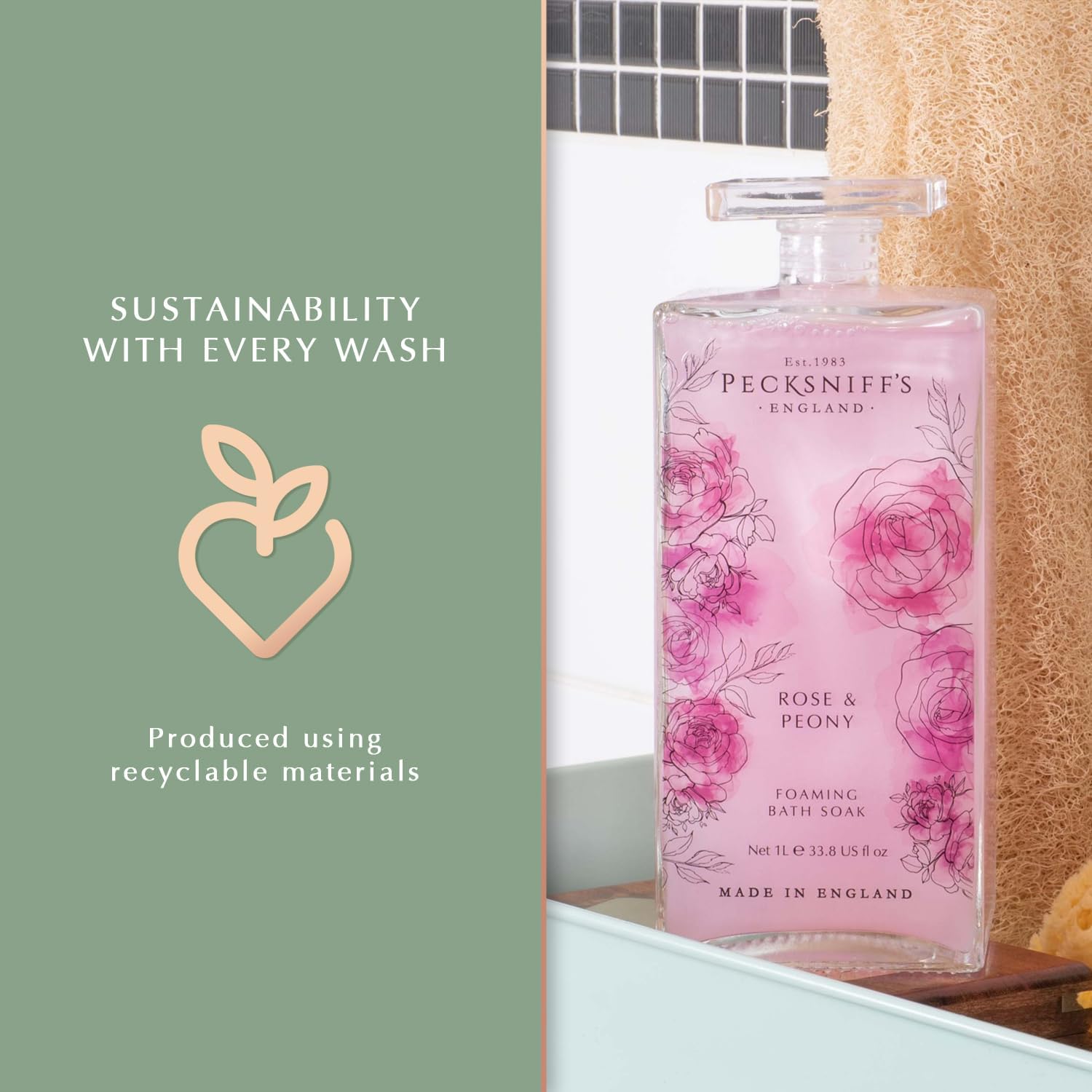 Pecksniff’s Rose & Peony Foaming Bath Soak – Luxury Bubble Bath, 1L / 33.8 fl oz, Made in England