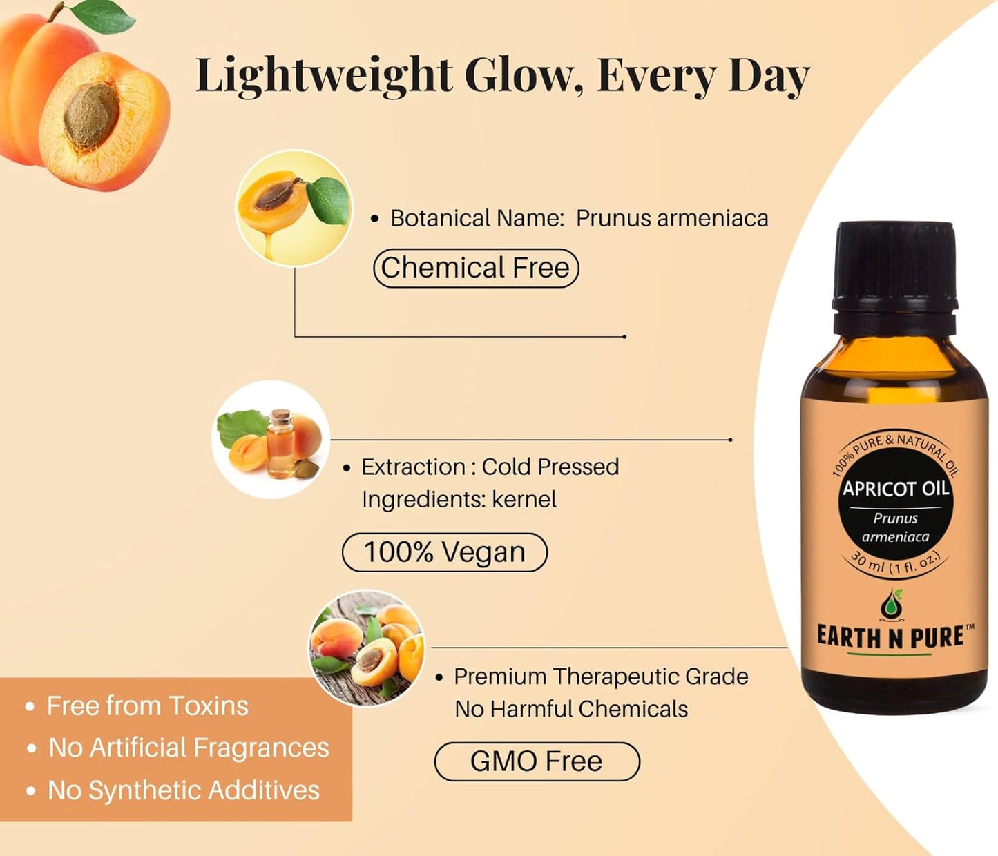 Earth N Pure Apricot Oil (Khumani Oil) Cold Pressed, Natural and Therapeutic Grade 30 ml
