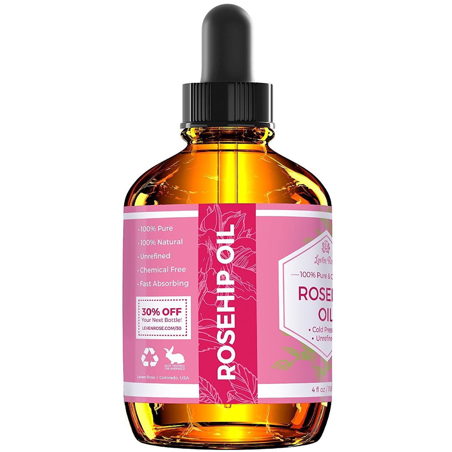 Leven Rose Pure Rosehip Oil for Face Organic Cold Pressed 4 oz - Rose Hip Seed Oil, Unrefined for Nighttime Face Moisturizer for Hair, Skin & Nails