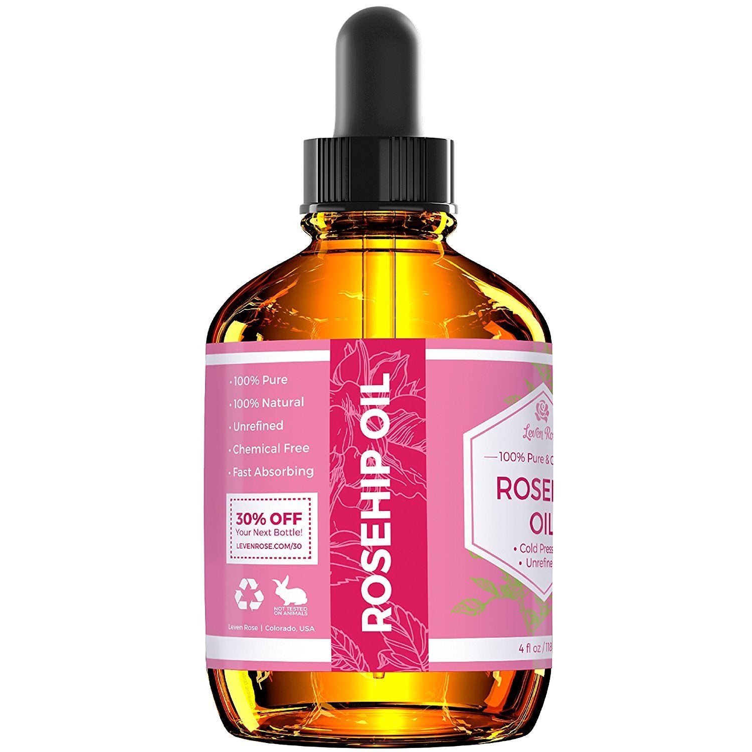 Leven Rose Pure Rosehip Oil for Face Organic Cold Pressed 4 oz - Rose Hip Seed Oil, Unrefined for Nighttime Face Moisturizer for Hair, Skin & Nails