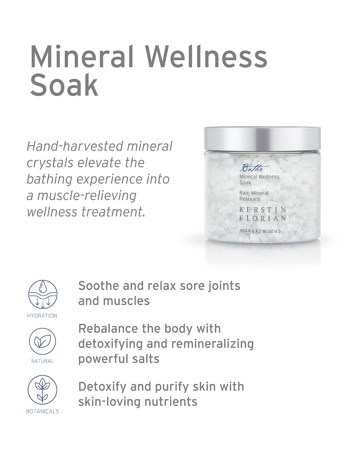 Kerstin Florian Mineral Wellness Soak with Magnesium | Concentrated Bath and Shower Salts to Sooth & Relieve Tired Muscles | Natural Minerals Detoxify The Body & Soften Skin (16 fl oz)