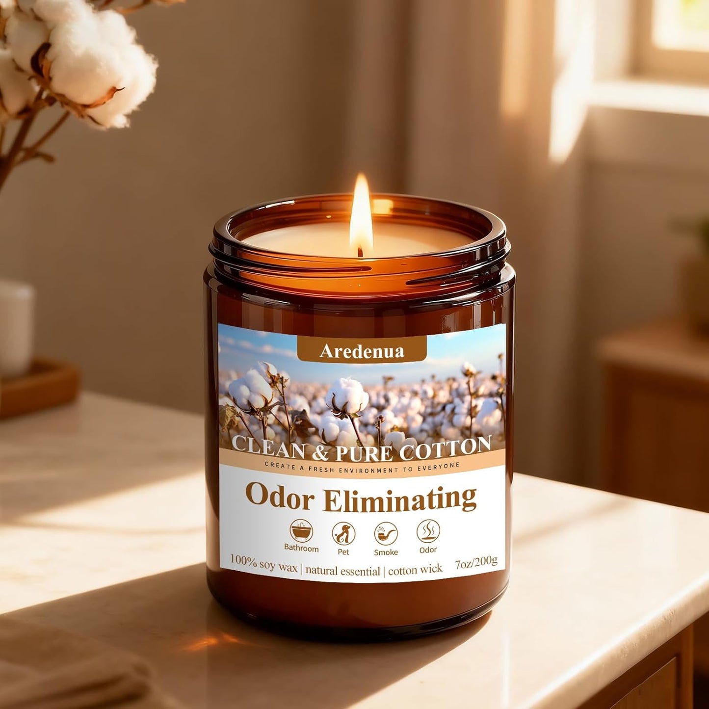 Clean & Pure Cotton Odor Eliminating Candles | Eliminates 95% of Pet, Smoke, Food & Other Smells – Fresh Air Scented Candle Gentle for Family - Up to 50 Hour Burn time - 7 Oz Natural Soy Wax