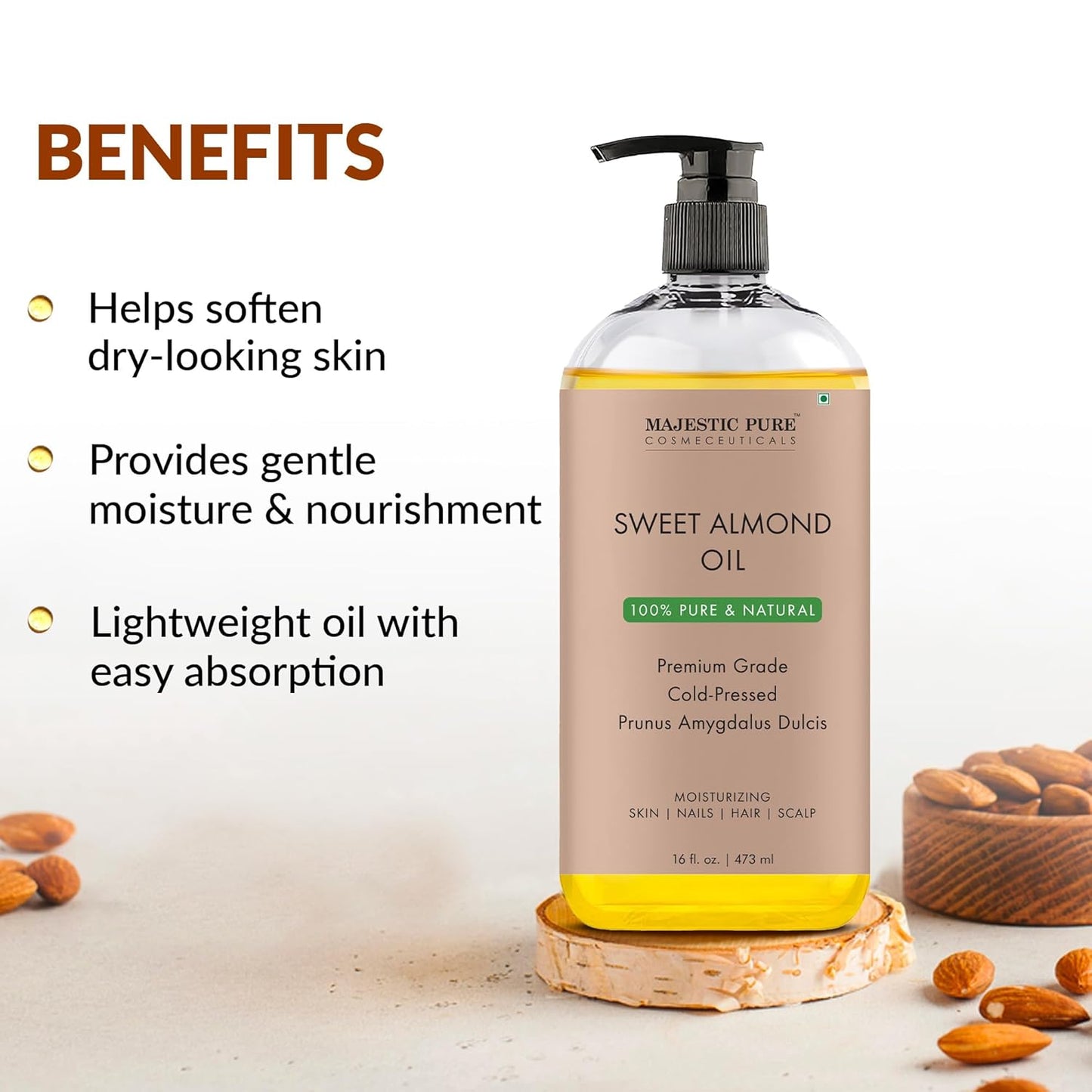 MAJESTIC PURE Sweet Almond Oil, Triple A Grade Quality, Pure and Natural from Spain, Cold Pressed, (Packaging May Vary) - 16 fl. Oz