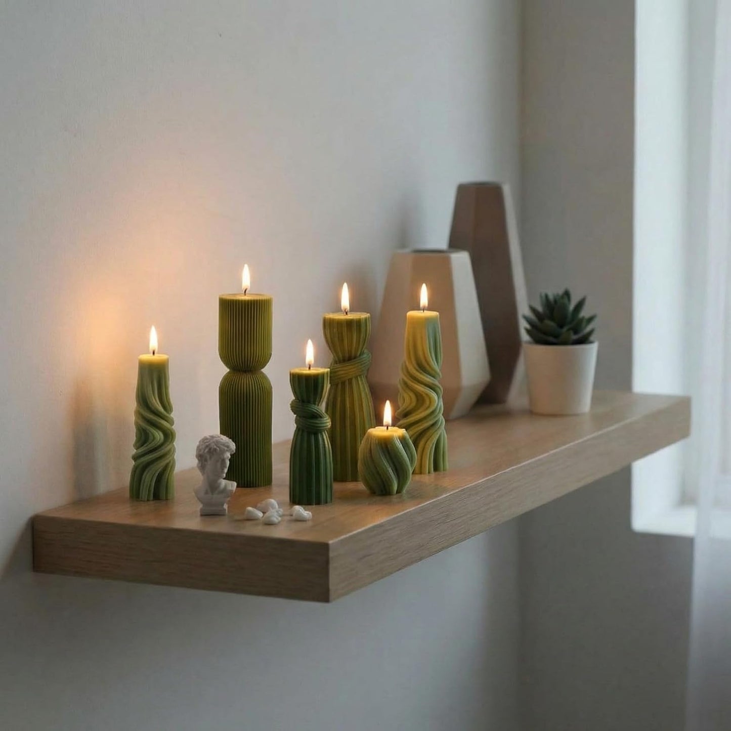 Threlaco 6 Pcs Pillar Candles Decorative Modern Aesthetic Ribbed Candle Set Cute Soy Wax Scented Ribbed Decor Commemorative Gift for Home Decoration(Green, 2.36-6.89 Inch)