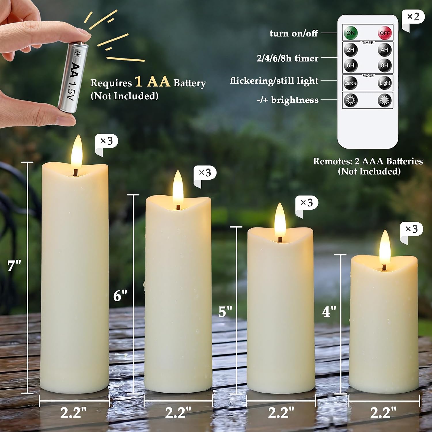 12 Pcs Battery Operated Waterproof Ivory Plastic Flameless Pillar Candles with Timer & 2 Remotes, 2.2" x4" 4" 4" 5" 5" 5" 6" 6" 6" 7" 7" 7" Outdoor Flickering LED Warm Light for Home Decor