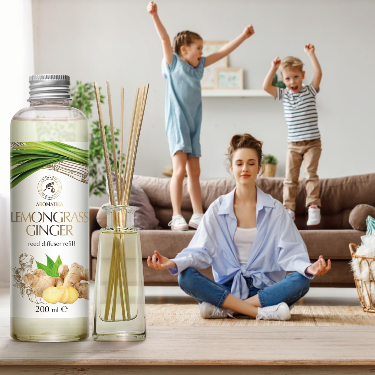 Reed Diffuser Refill Lemongrass-Ginger 6.8Fl Oz - Aroma Diffuser Refill with Essential Ginger Oil - Fragrance Diffuser - Spicy and Fresh Fragrance - Natural Fragrance - Aromatherapy - Air Freshener
