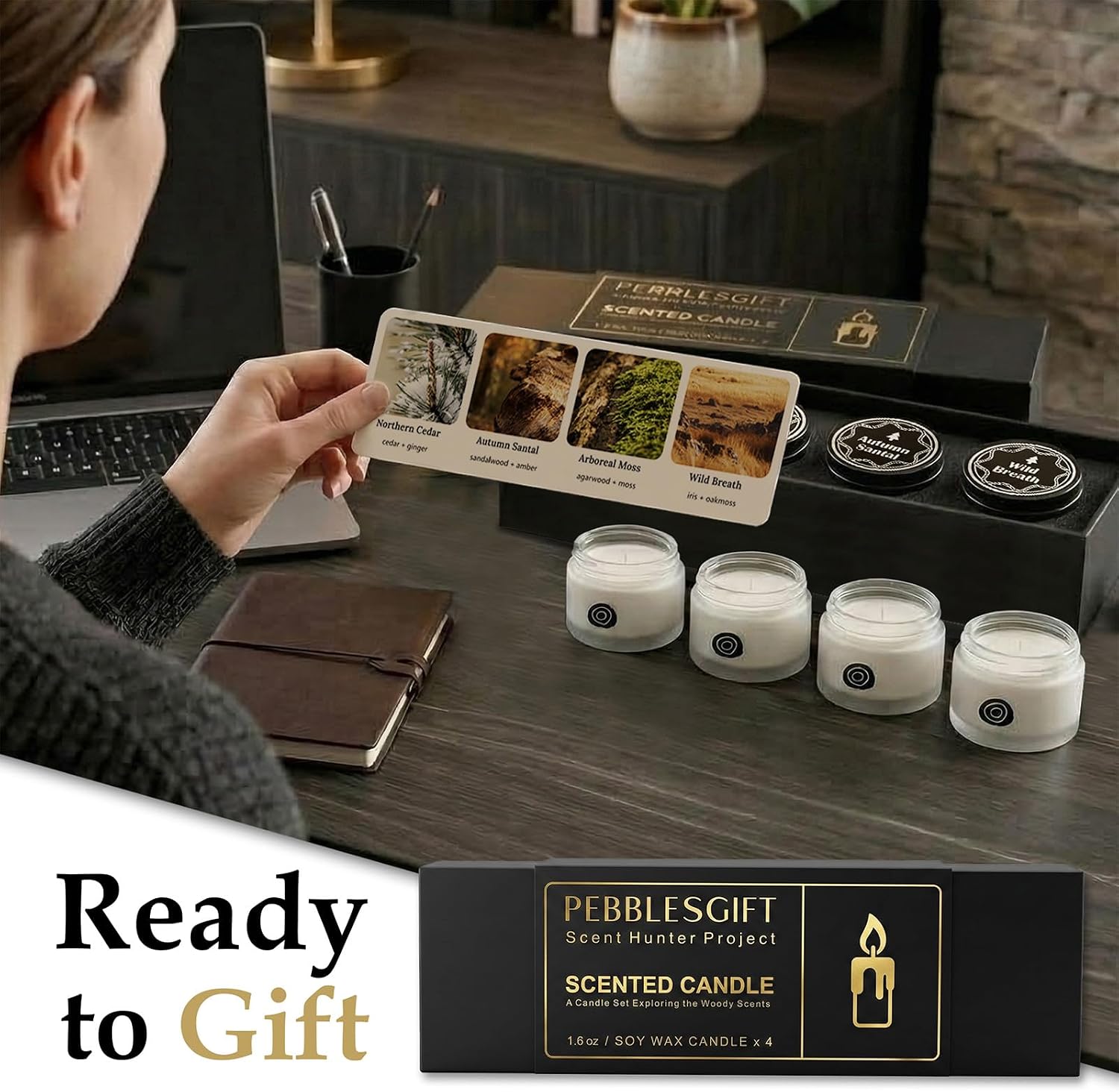 Scent Hunter Woody Scented Candle Gift Set - 4 Pack 6.4oz(1.6 * 4) Natural Soy Wax Candles for Home Scented - Stress Relief & Meditation Forest Fragrance Aromatherapy Candles for Men & Women Gift