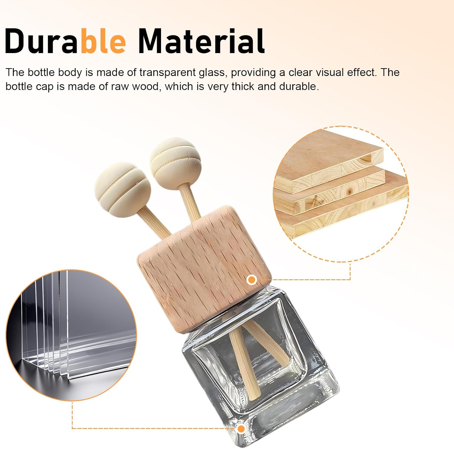 2 PCS Car Vent Diffuser Clips, Refillable Empty Glass Bottles with Natural Wood Cap & Stick, Anti-shake Decorative Air Outlet Holder, Interior Accessory for Most Cars (Transparent)