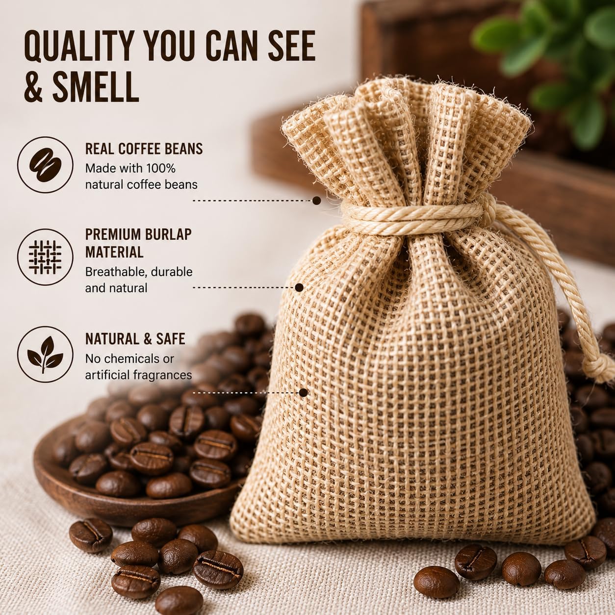 Coffee Scented Bags, Natural Coffee Aroma Air Freshener, Made with Real Beans, Long Lasting Fragrance, for Closets, Cars and Drawers, 3 Pack