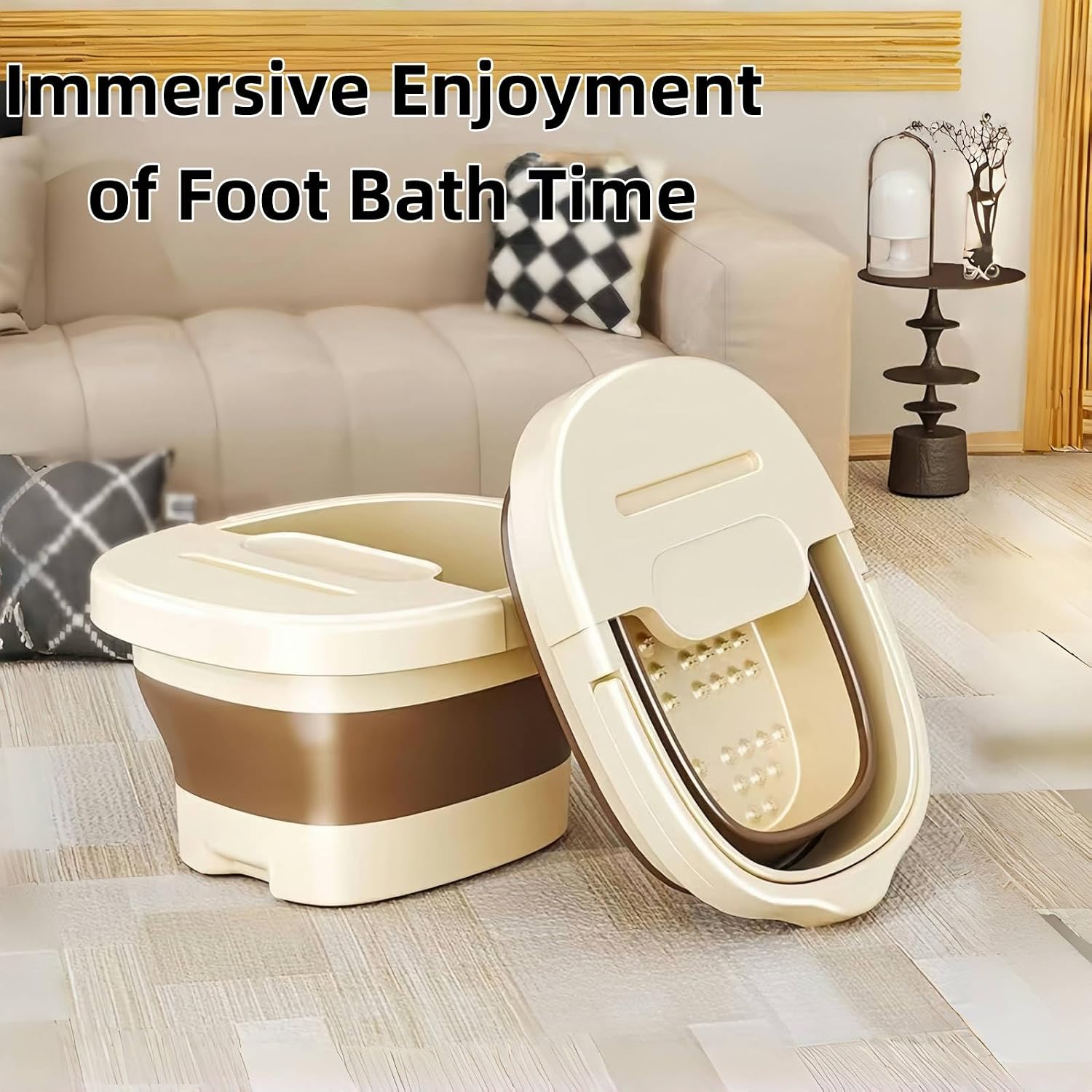 Collapsible Foot Bath Basin for Soaking Feet with a lid,Foot Soak Tub with Massage Acupoint,Multifunction Laundry Basket with Handle, Home Spa Treatment. (Milky White)