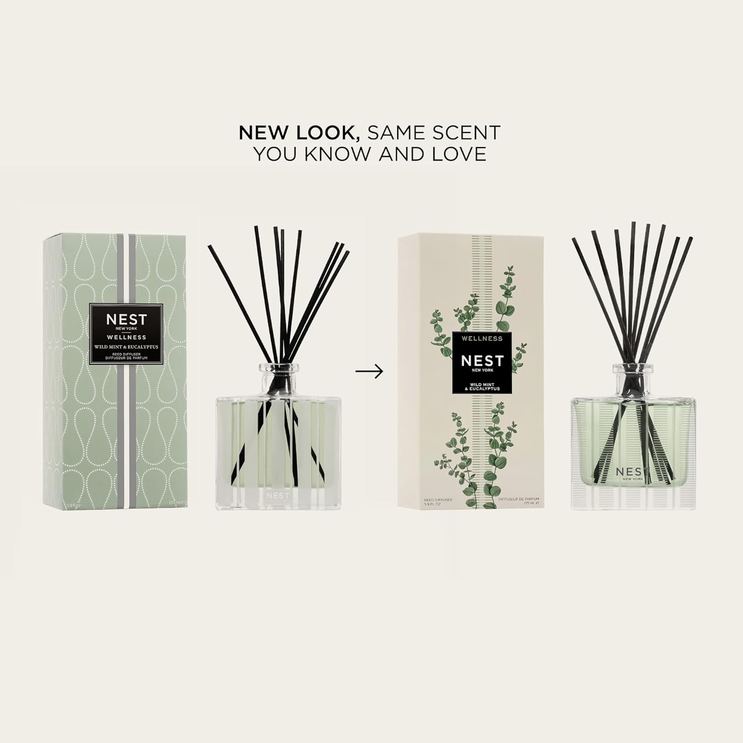 NEST New York Reed Diffuser, Wild Mint & Eucalyptus - 5.9 fl oz - Fragrance for Up to 90 Days - Reusable, Refillable Glass Holder - Includes 8 All-Natural Reed Sticks - Flame Free