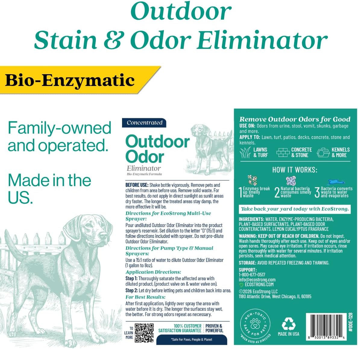 Eco Strong Outdoor Odor Eliminator Outside Dog Urine Enzyme Cleaner Powerful Pet, Cat, Animal Scent Deodorizer | Professional Strength for Yard, Turf, Kennels, Patios, Decks (128 OZ)