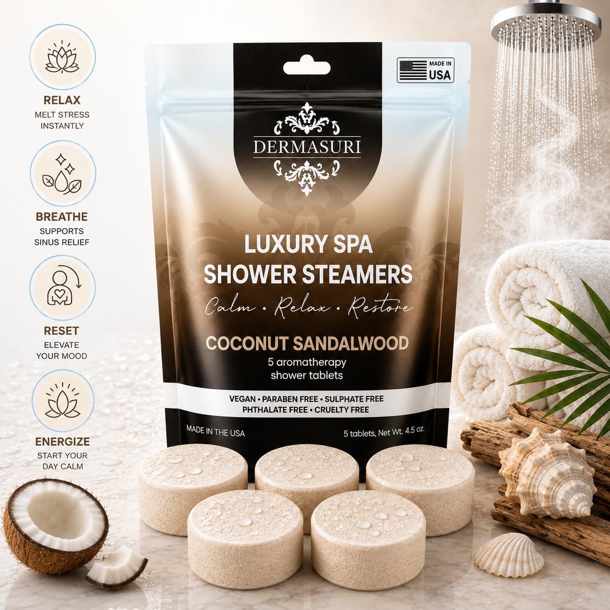 Shower Steamers Aromatherapy, Essential Oil Pods Infused for Relaxation, Shower Pods Aromatherapy - Calming, Stress Relief & Self Care Gifts for Women - Coconut Sandalwood